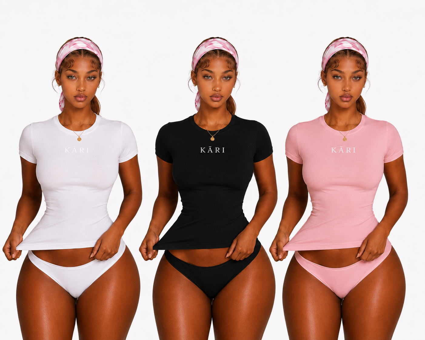 Three models wearing the KĀRI Essentials collection